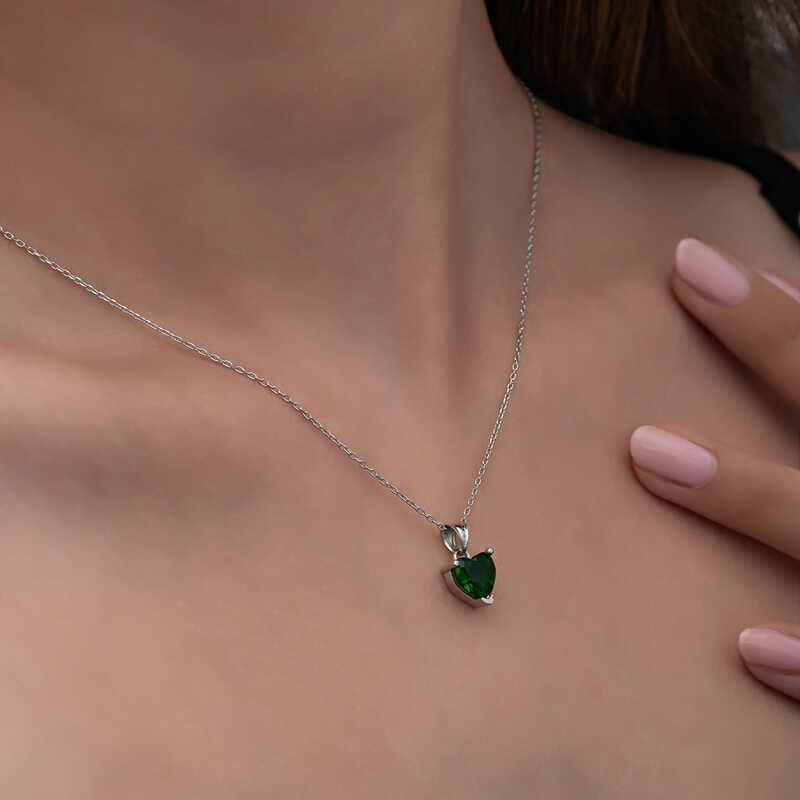 Silver Green Stone Heart Women's Necklace