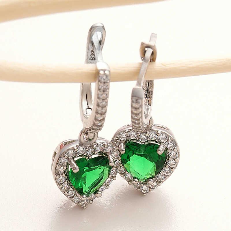 Silver Green Stone Heart Women's Earrings