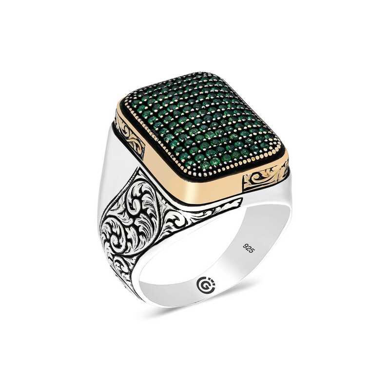 Silver Green Zircon Stone Square Men's Ring