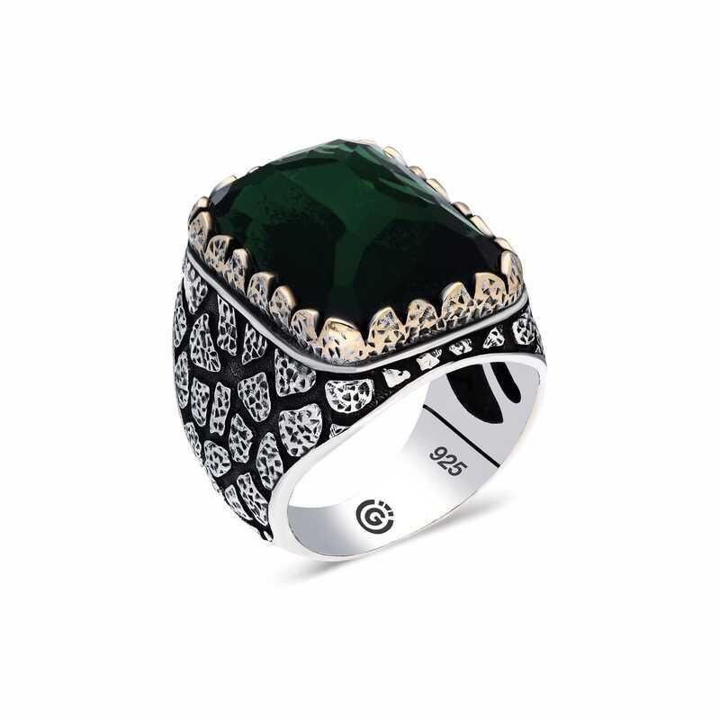 Silver Green Zircon Stone Square Men's Ring