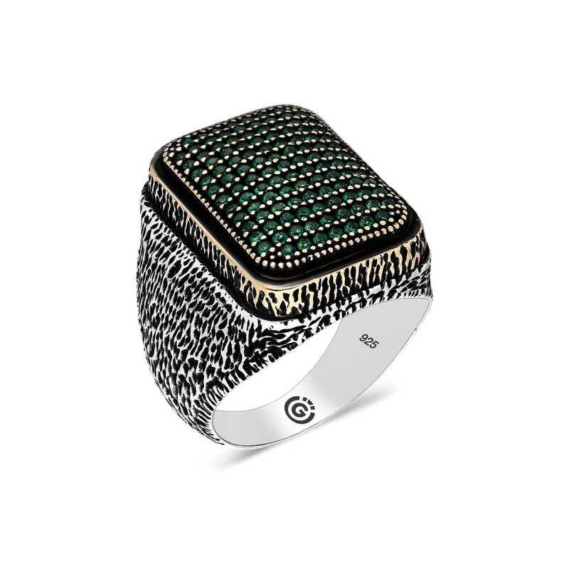 Silver Green Zircon Stone Square Men's Ring