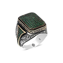 Silver Green Zircon Stone Square Men's Ring