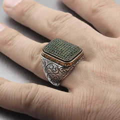 Silver Green Zircon Stone Square Men's Ring