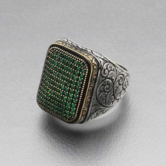 Silver Green Zircon Stone Square Men's Ring