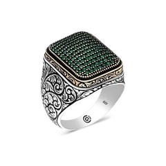 Silver Green Zircon Stone Square Men's Ring