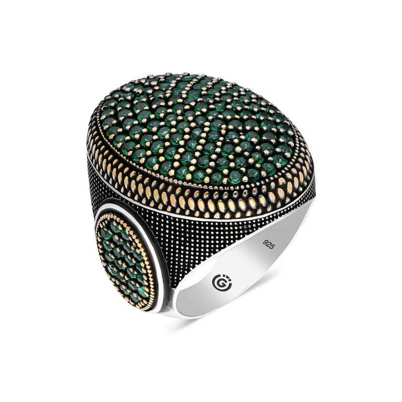Bague homme ovale en argent et zircon vert