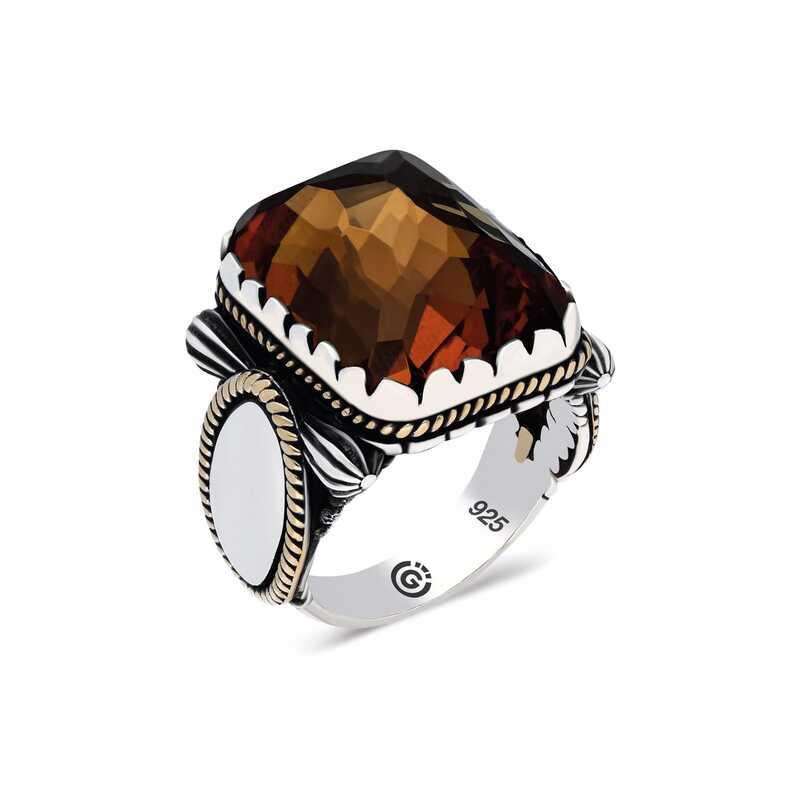 Silver Zircon Agate Stone Square Men's Ring