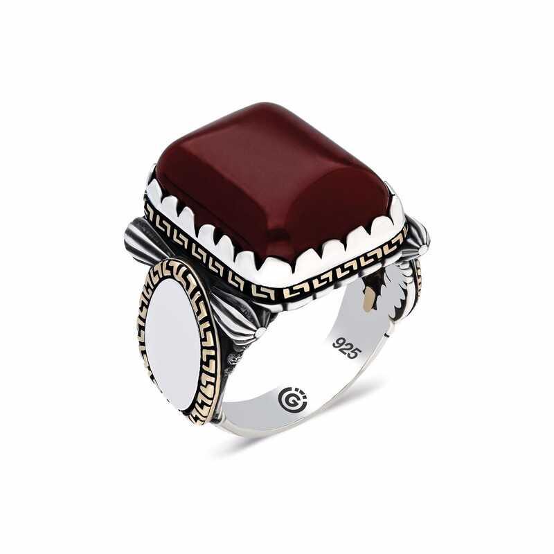 Silver Zircon Burgundy Agate Stone Square Men's Ring