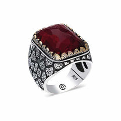 Silver Zircon Burgundy Stone Square Men's Ring