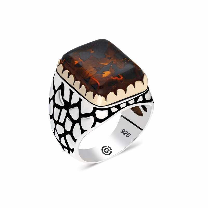 Silver Zircon Brown Stone Square Men's Ring