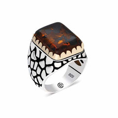 Silver Zircon Brown Stone Square Men's Ring