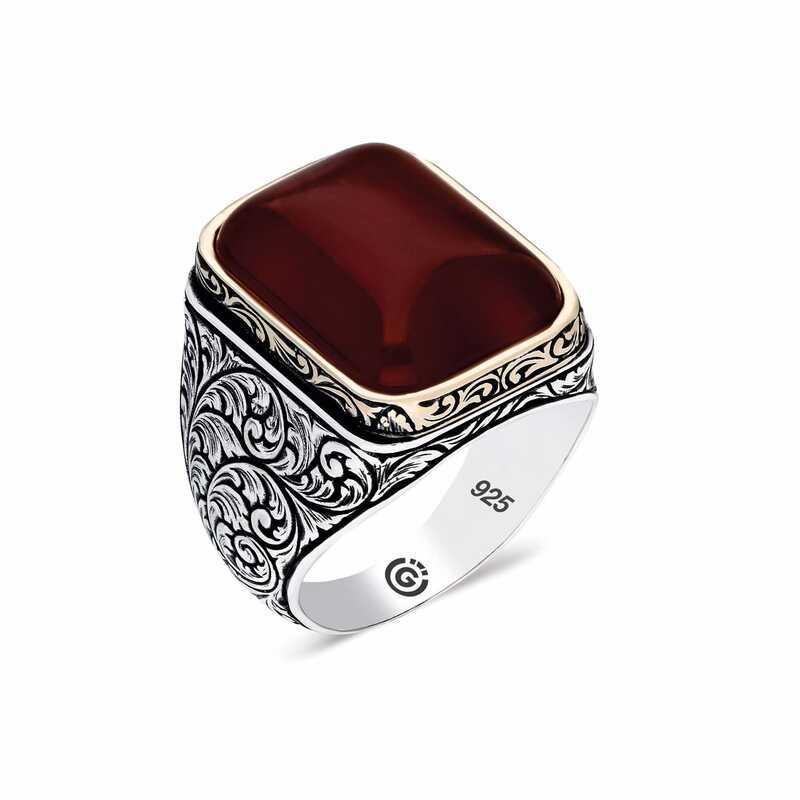 Silver Zircon Dark Burgundy Stone Square Men's Ring