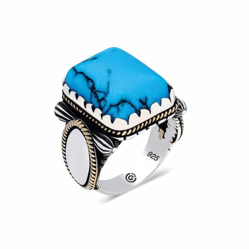 Silver Zircon Plain Turquoise Stone Square Men's Ring