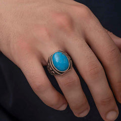 Gümüş Zirkon Turkuaz Taşlı Oval Erkek Yüzük