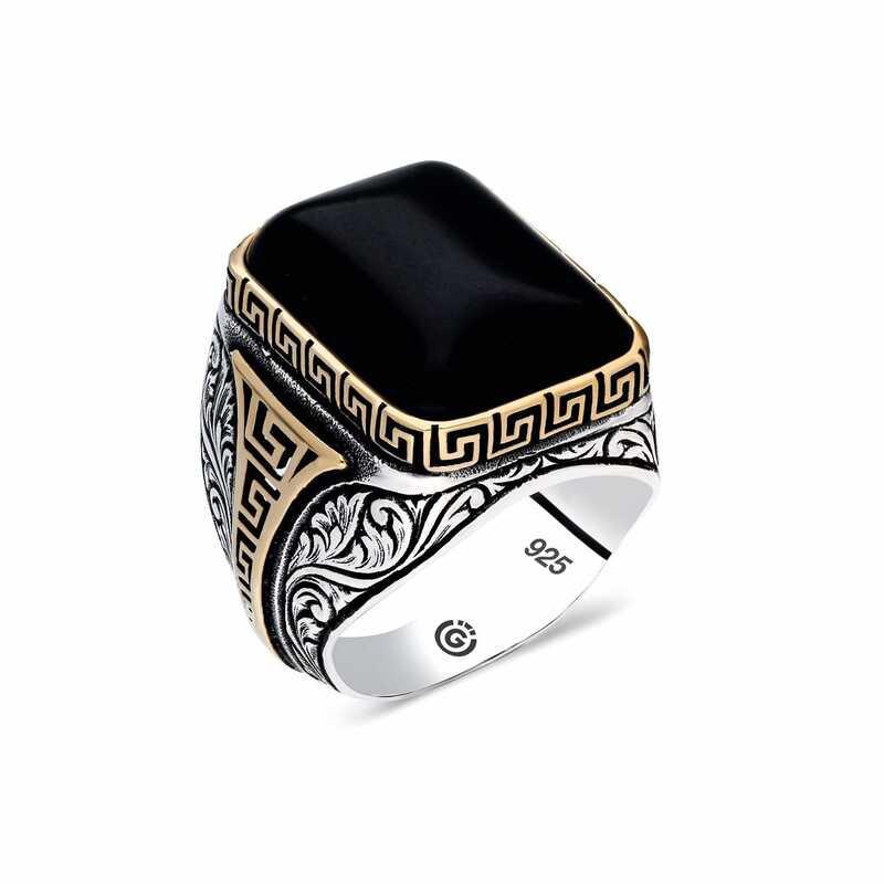 Silver Onyx Black Stone Square Men's Ring