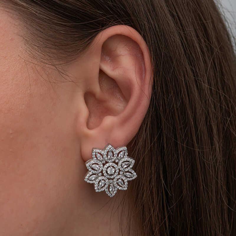 Silver Zircon Stone Flower Women's Earrings