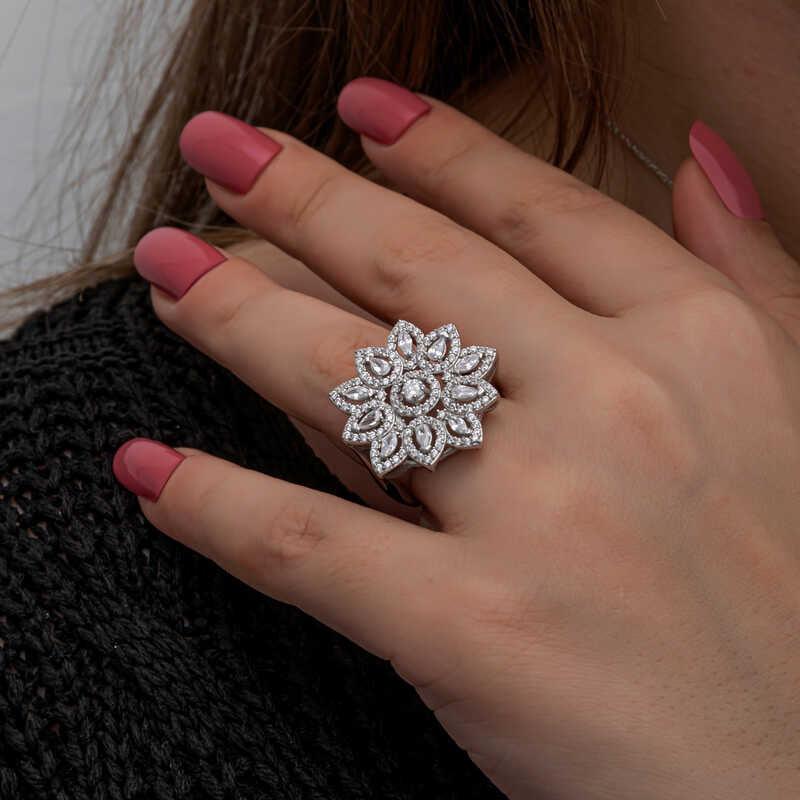 Silver Zircon Stone Flower Women Set
