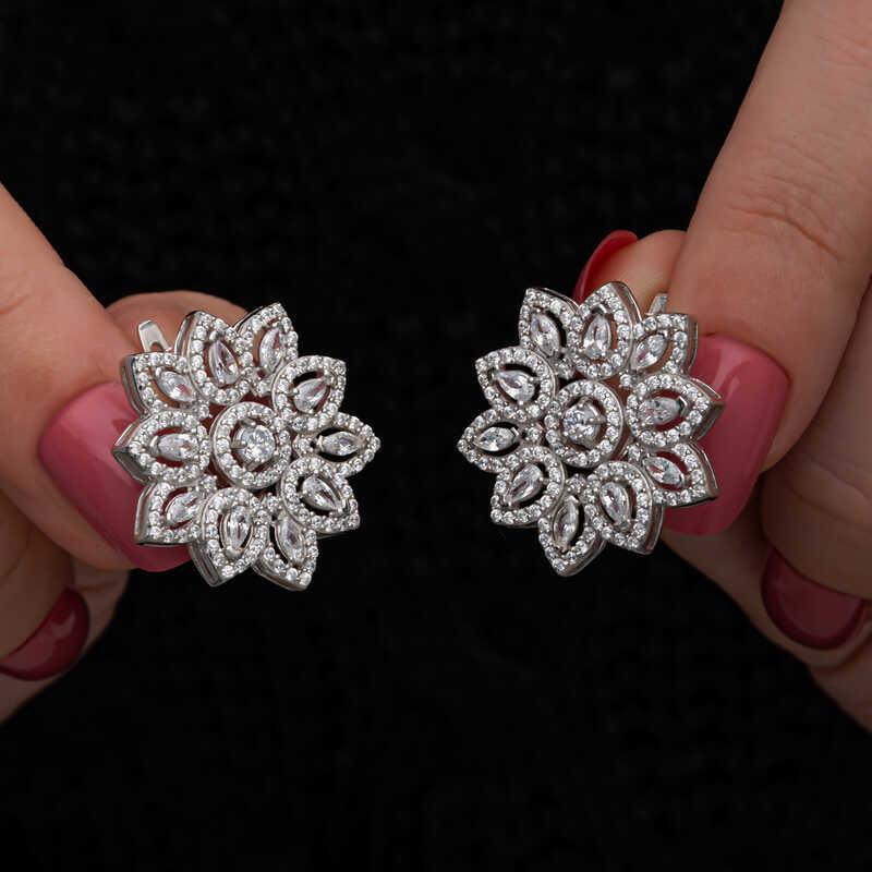 Silver Zircon Stone Flower Women Set