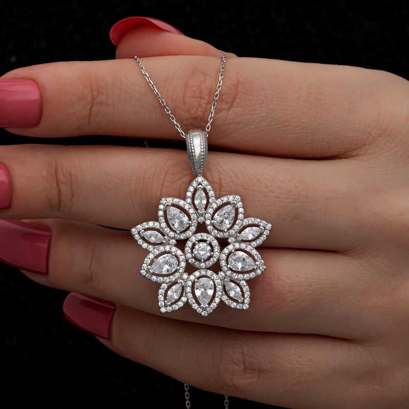 Silver Zircon Stone Flower Women Set