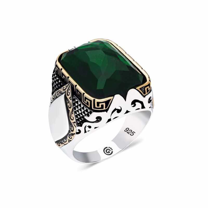 Silver Zircon Green Stone Square Men's Ring
