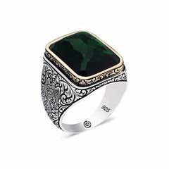 Bague homme carrée en argent et pierre verte zircon