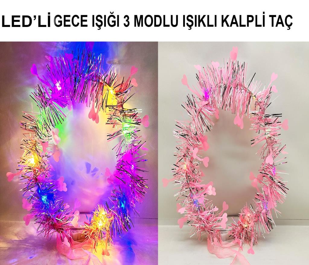 Nessiworld Kalp Püsküllü Gece Parıltısı 3 Modlu LED&amp;#39;li Işıklı Taç Pembe Renk