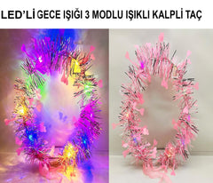 Nessiworld Kalp Püsküllü Gece Parıltısı 3 Modlu LED&amp;#39;li Işıklı Taç Pembe Renk
