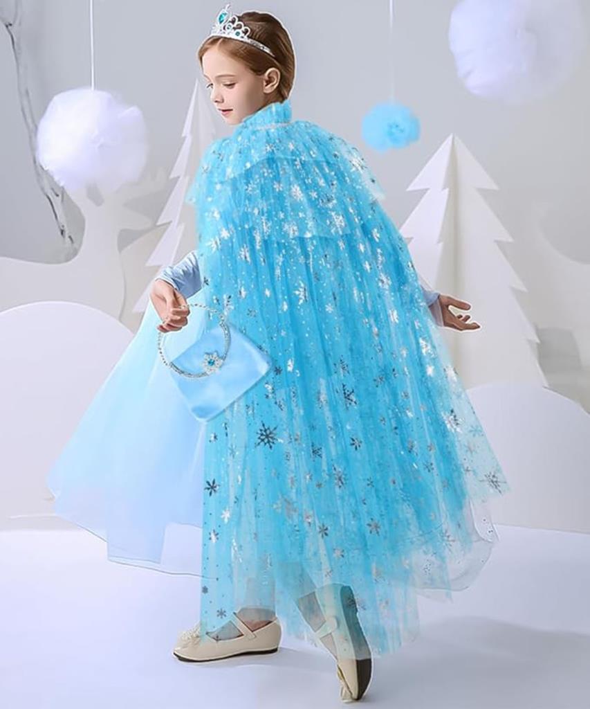 Nessiworld Karlar Ülkesi Elsa Frozen Mavi Pelerin – 80 cm Kar Desenli Çocuk Pelerini ( Taç Hariç )