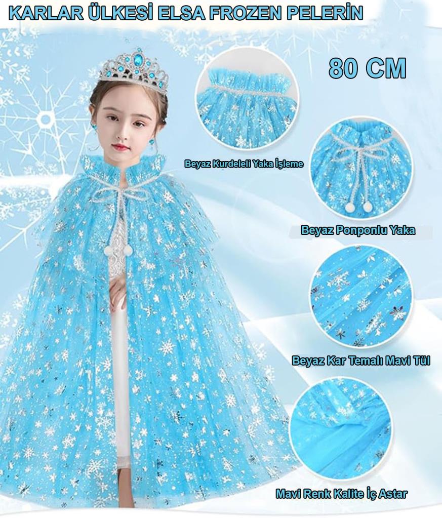 Nessiworld Karlar Ülkesi Elsa Frozen Mavi Pelerin – 80 cm Kar Desenli Çocuk Pelerini ( Taç Hariç )