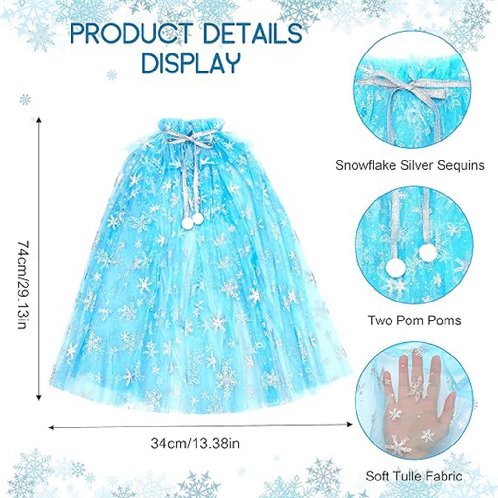Nessiworld Karlar Ülkesi Elsa Frozen Mavi Pelerin – 80 cm Kar Desenli Çocuk Pelerini ( Taç Hariç )