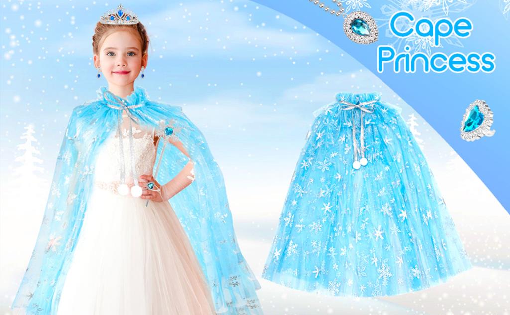 Nessiworld Karlar Ülkesi Elsa Frozen Mavi Pelerin – 80 cm Kar Desenli Çocuk Pelerini ( Taç Hariç )