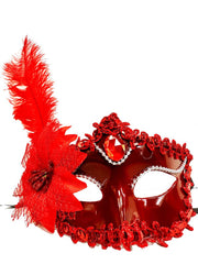 Nessiworld Kırmızı Mat Renk Yandan Tüylü Güllü Parti Balo Venedik Maskesi 16x22