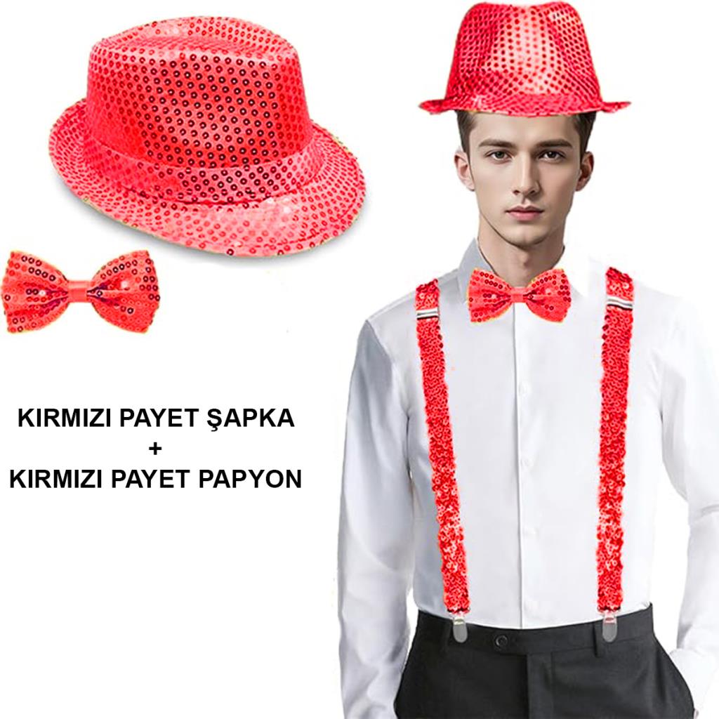 Nessiworld Red Sequined Hat and Bow Tie Set – Glitter Adult Costume Set
