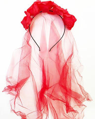Red Color Rose Red Veil Halloween Party Creepy Crown
