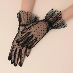 NessiWorld Short Length Laced Black Polka Dot Tulle Gloves Black Color