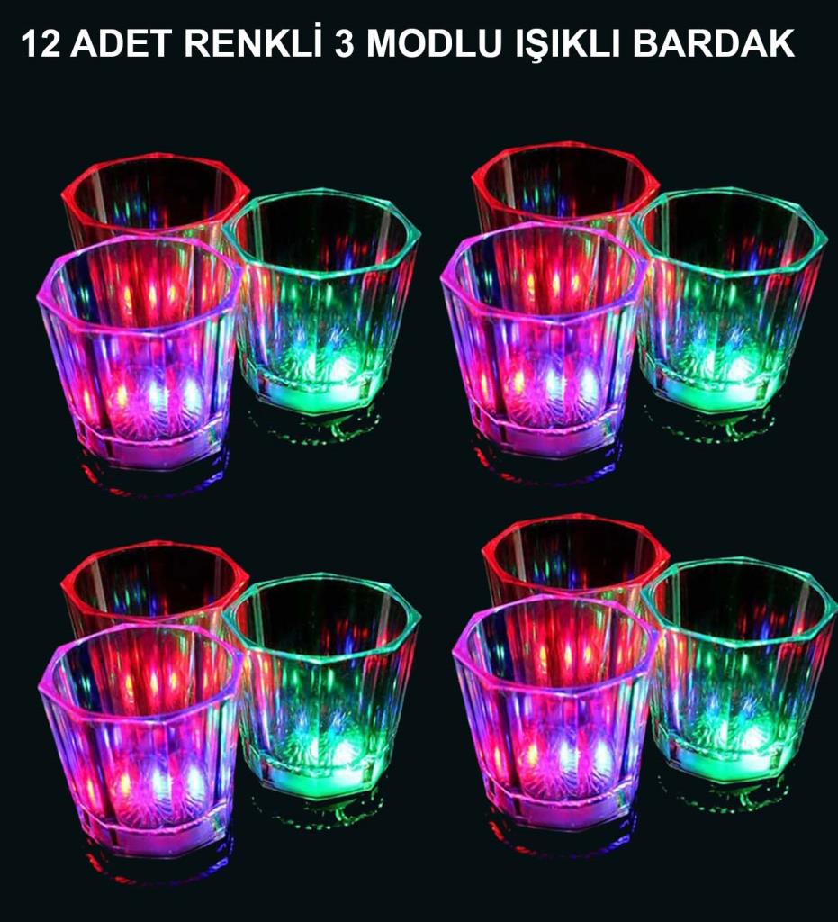 Nessiworld LED Işıklı Eğlence Bardakları - 3 Modlu Renk Değiştiren Bardak 12 Adet