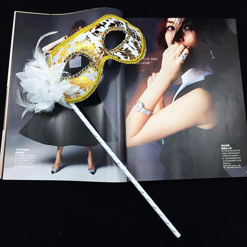 Nessiworld Luxury Stone Handle Masquerade Mask White Color 35 cm