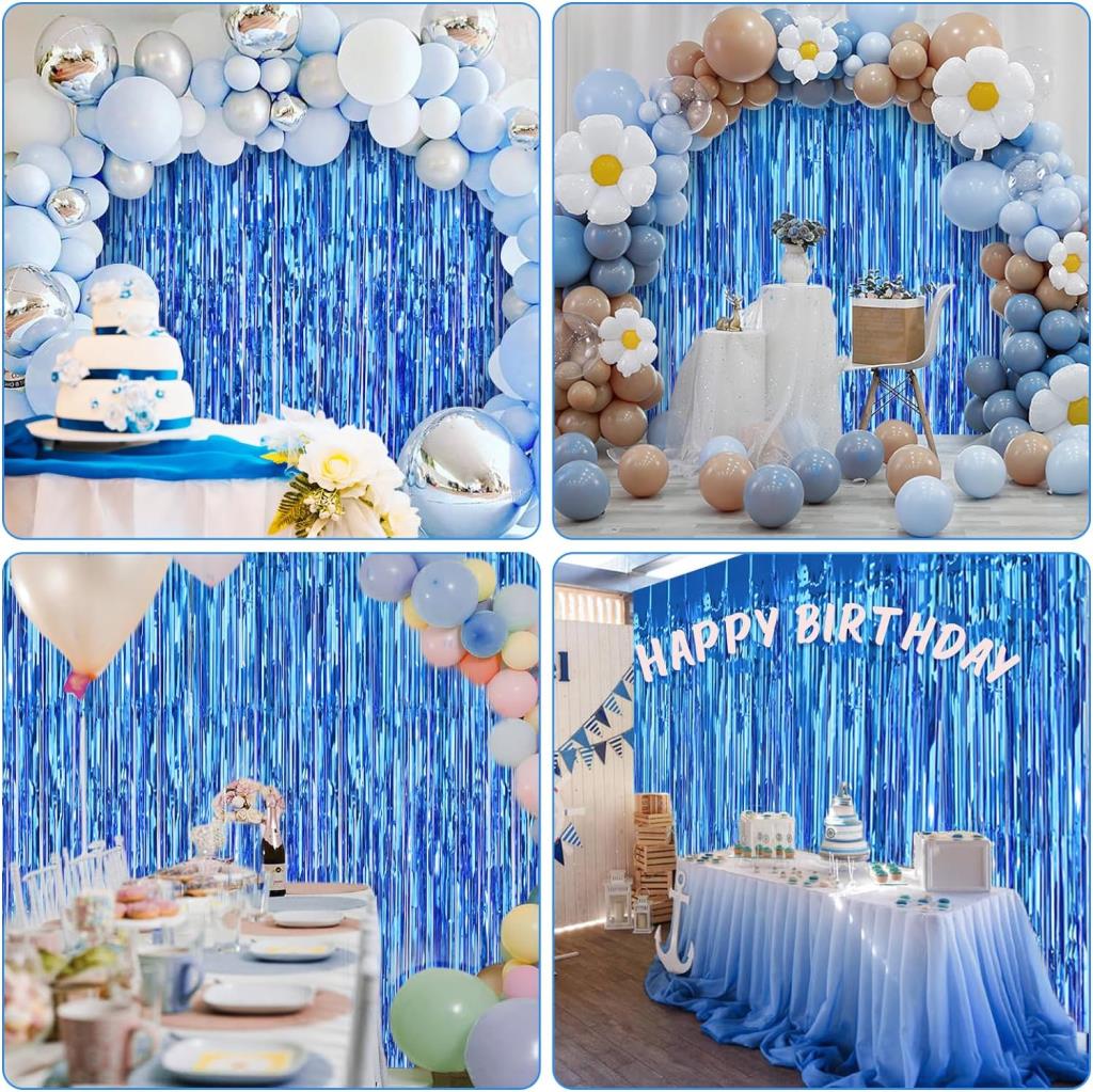 NessiWorld Blue Color Extra Metallized Shiny Fringed Background Curtain Imported A Quality 1x2 Meters