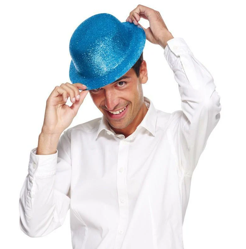 Nessiworld Blue Color Glittery Bowler Round Party Hat 24x26 cm