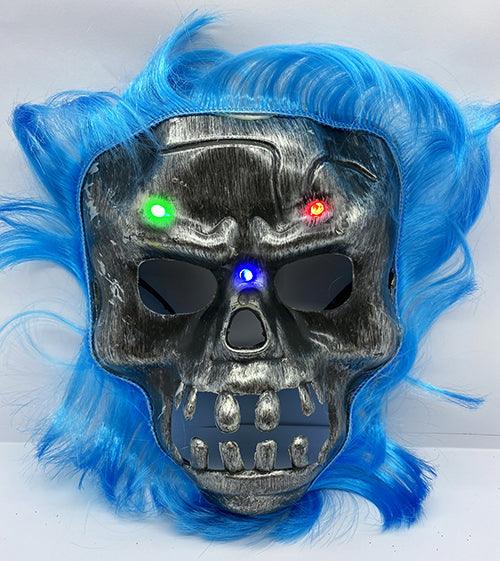 Nessiworld Blue Hair LED Light Skull Skeleton Horror Mask 22x25 cm