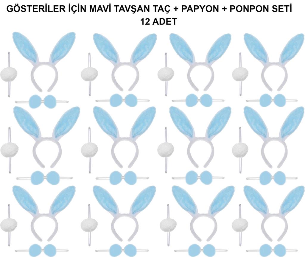 Nessiworld Mavi Tavşan Kostüm Seti – Taç, Papyon, Ponpon (12’li Paket)