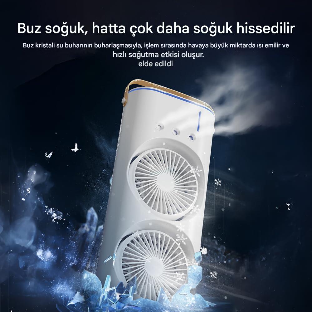 Meanyou Çift Başlıklı Buharlı Soğutucu Kule Fanı – Şarjlı, Nemlendirici, Renkli Işıklı, Taşınabilir Uzaktan Kumandalı - MeanYou