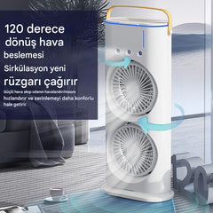 Meanyou Çift Başlıklı Buharlı Soğutucu Kule Fanı – Şarjlı, Nemlendirici, Renkli Işıklı, Taşınabilir Uzaktan Kumandalı - MeanYou