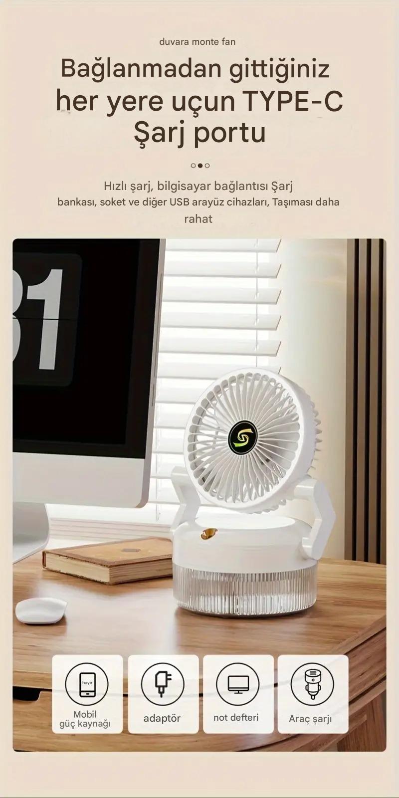 Meanyou Katlanabilir USB Şarjlı Mini Soğutma Fanı Nemlendirici – 3 Kademeli Sessiz Masa Fanı | 1200mAh Lityum Pil ile Taşınabilir Klima Etkisi - MeanYou