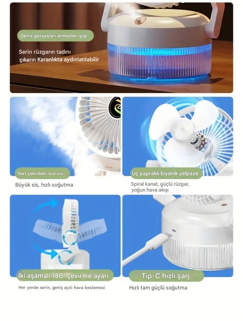 Meanyou Katlanabilir USB Şarjlı Mini Soğutma Fanı Nemlendirici – 3 Kademeli Sessiz Masa Fanı | 1200mAh Lityum Pil ile Taşınabilir Klima Etkisi - MeanYou