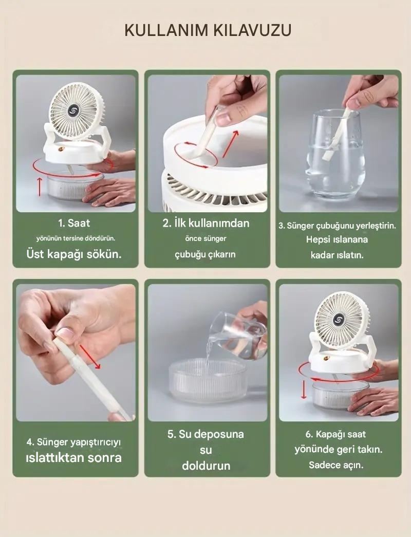 Meanyou Katlanabilir USB Şarjlı Mini Soğutma Fanı Nemlendirici – 3 Kademeli Sessiz Masa Fanı | 1200mAh Lityum Pil ile Taşınabilir Klima Etkisi - MeanYou