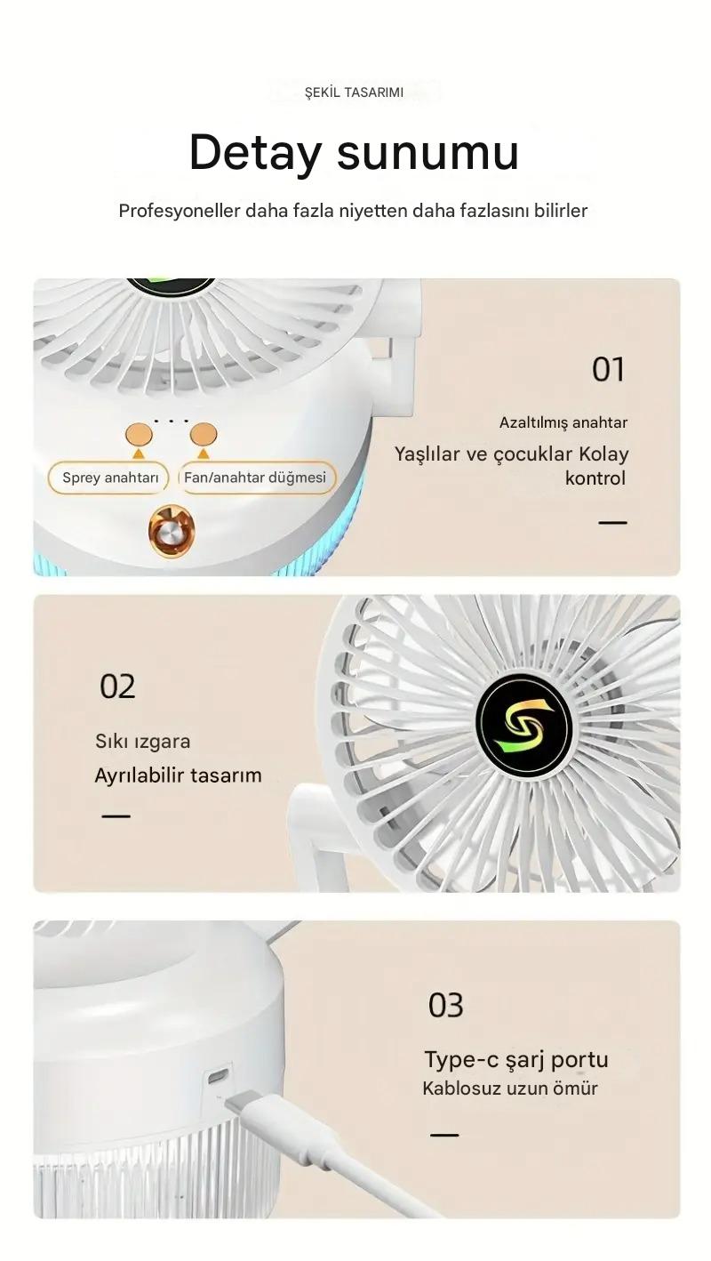 Meanyou Katlanabilir USB Şarjlı Mini Soğutma Fanı Nemlendirici – 3 Kademeli Sessiz Masa Fanı | 1200mAh Lityum Pil ile Taşınabilir Klima Etkisi - MeanYou