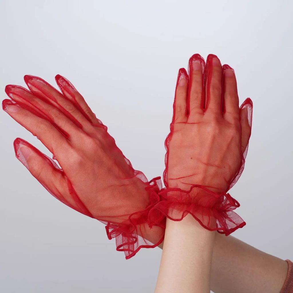 Nessiworld Short Length Lycra Lace Adult Tulle Gloves Red Color