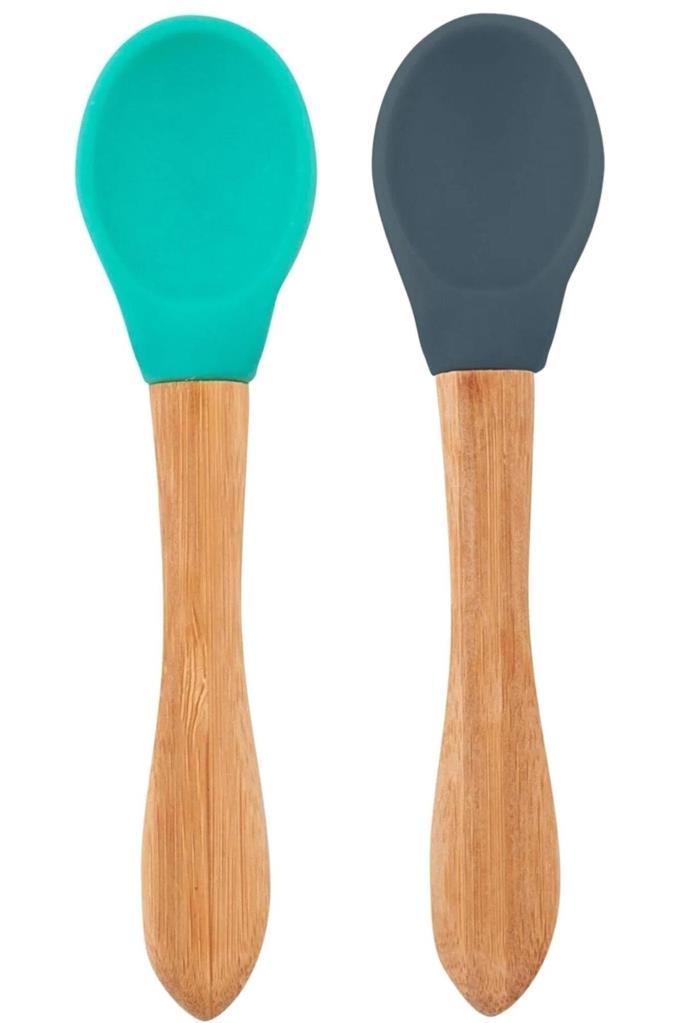 Nessiworld Bamboo Handle Silicone Feeding Spoon 2-Piece Aqua Green / Deep Blue