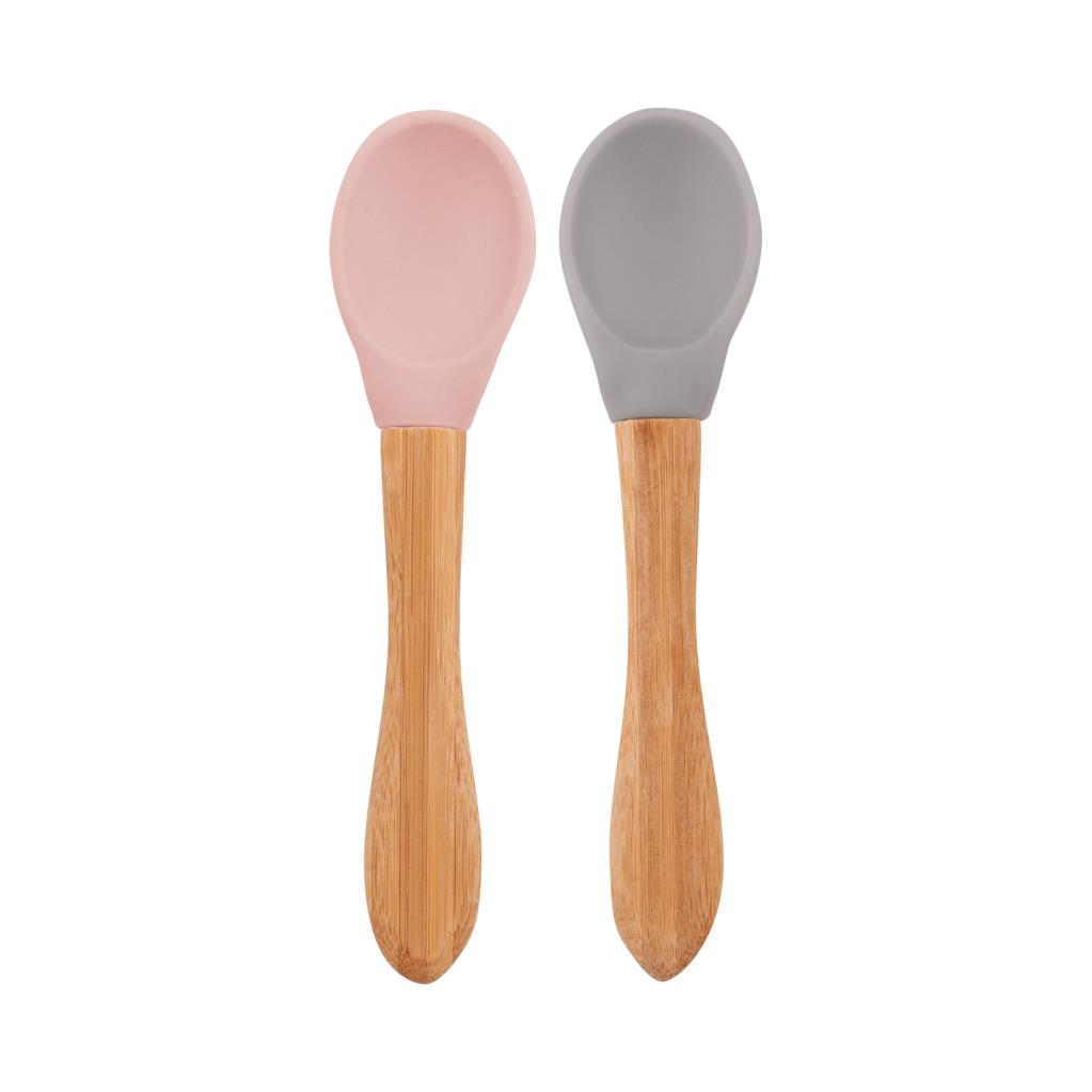 Nessiworld Nessiworld Bamboo Handle Silicone Feeding Spoon 2-Piece Pinky Pink / Powder Grey